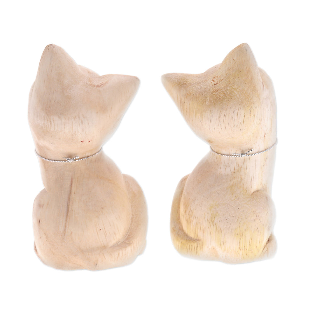Set of 2 Cat Raintree Wood Figurines with Aluminum Bells - Chiming Meows