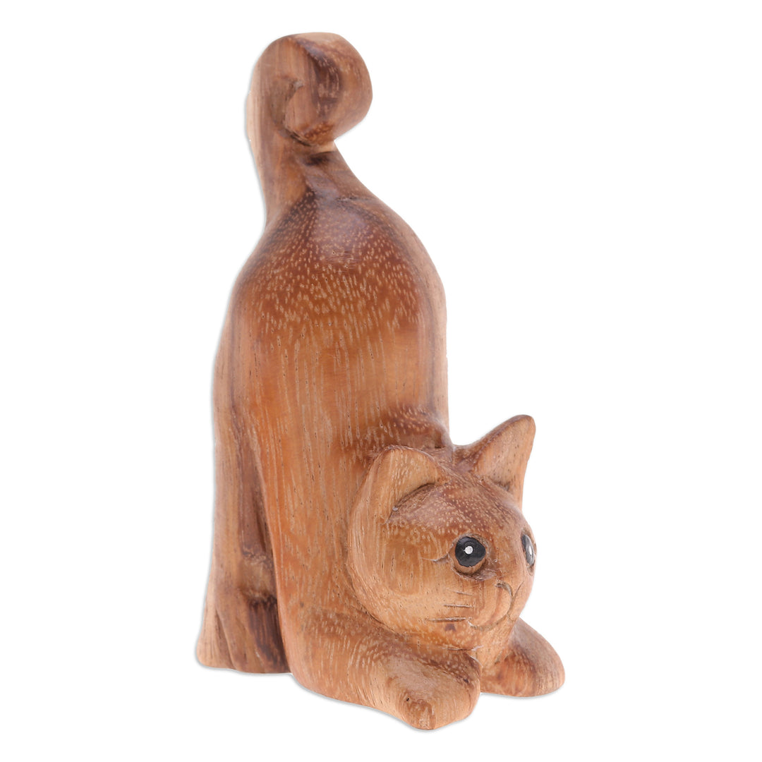 Hand-Carved Raintree Wood Stretching Cat Figurine - Feline Relaxation
