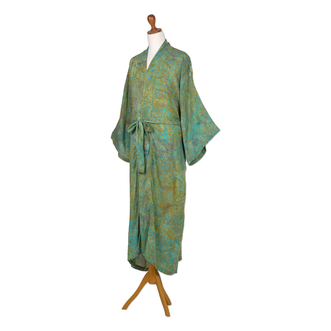 Men's Patterned Batik Rayon Robe in Green Turquoise & Brown - Greenery