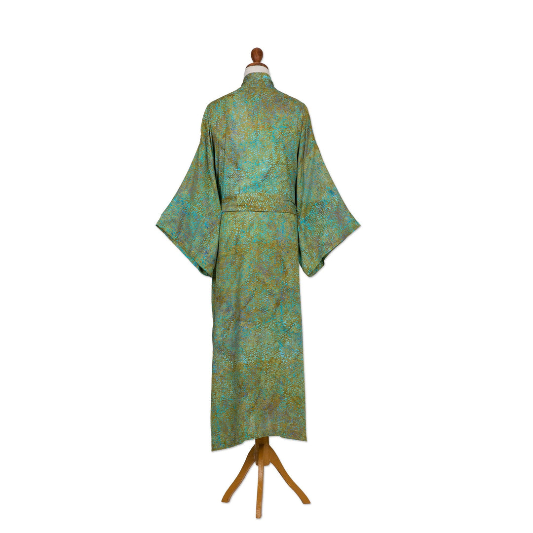 Men's Patterned Batik Rayon Robe in Green Turquoise & Brown - Greenery