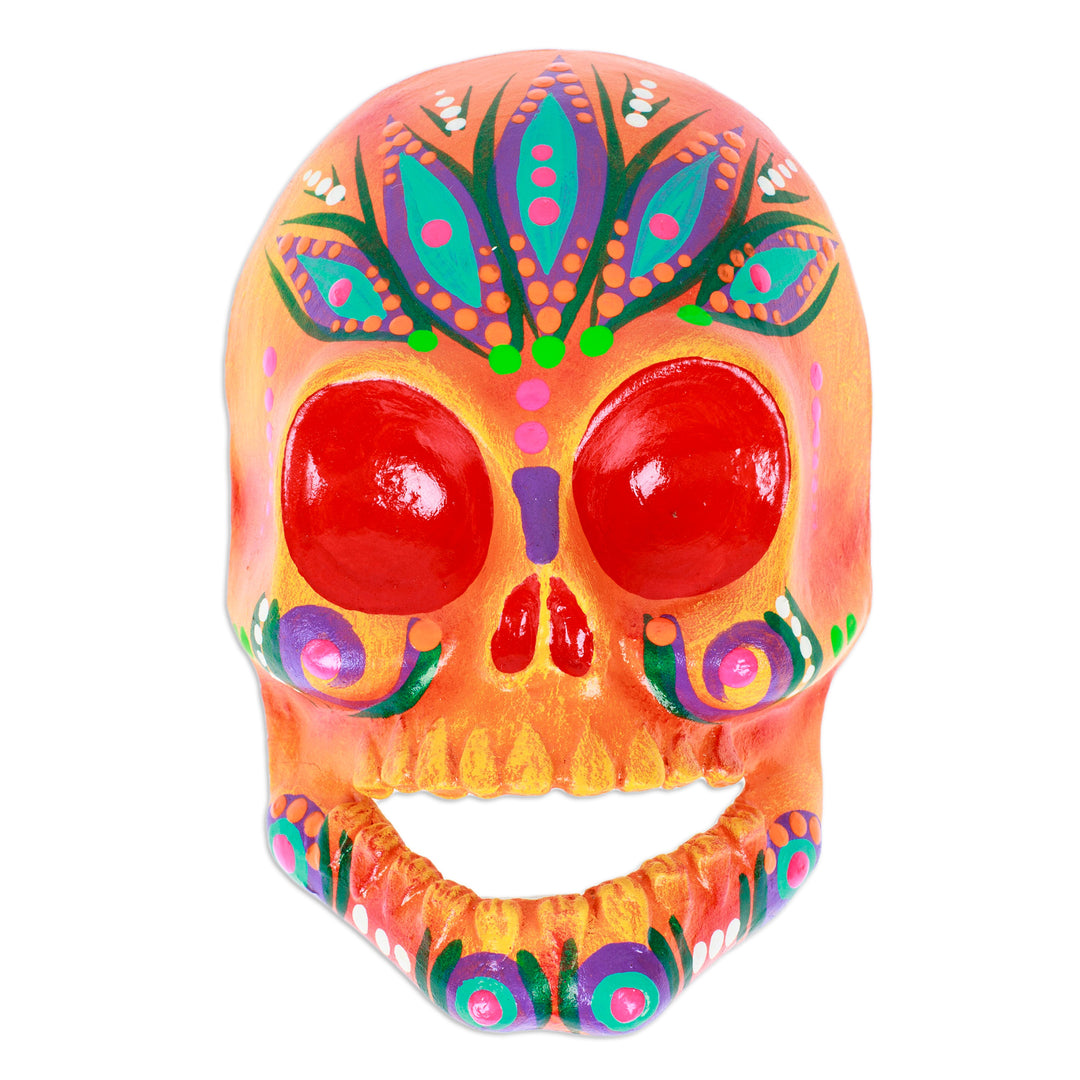 Hand-Painted Orange Recycled Cardboard Skull Mask - Orange Underworld