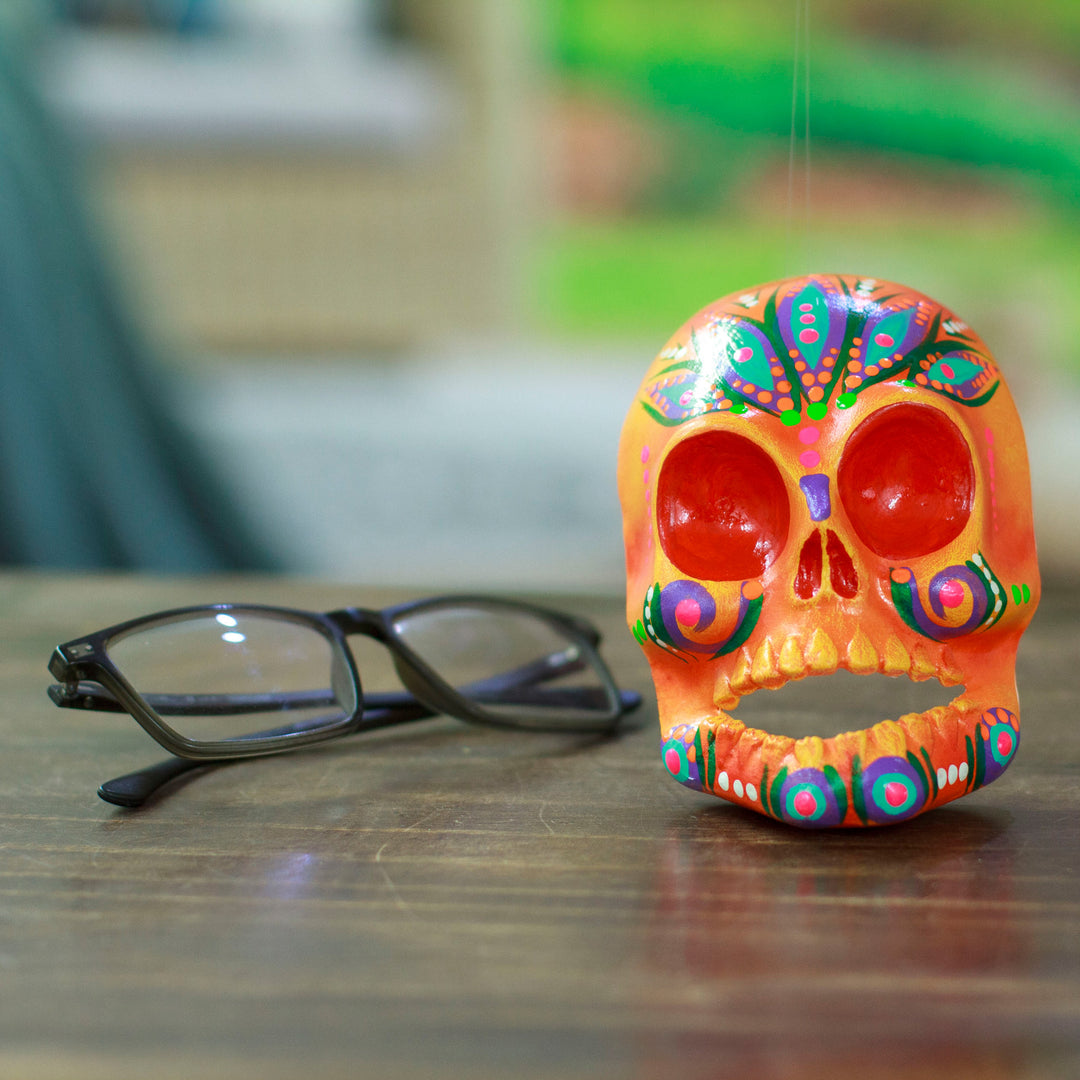 Hand-Painted Orange Recycled Cardboard Skull Mask - Orange Underworld