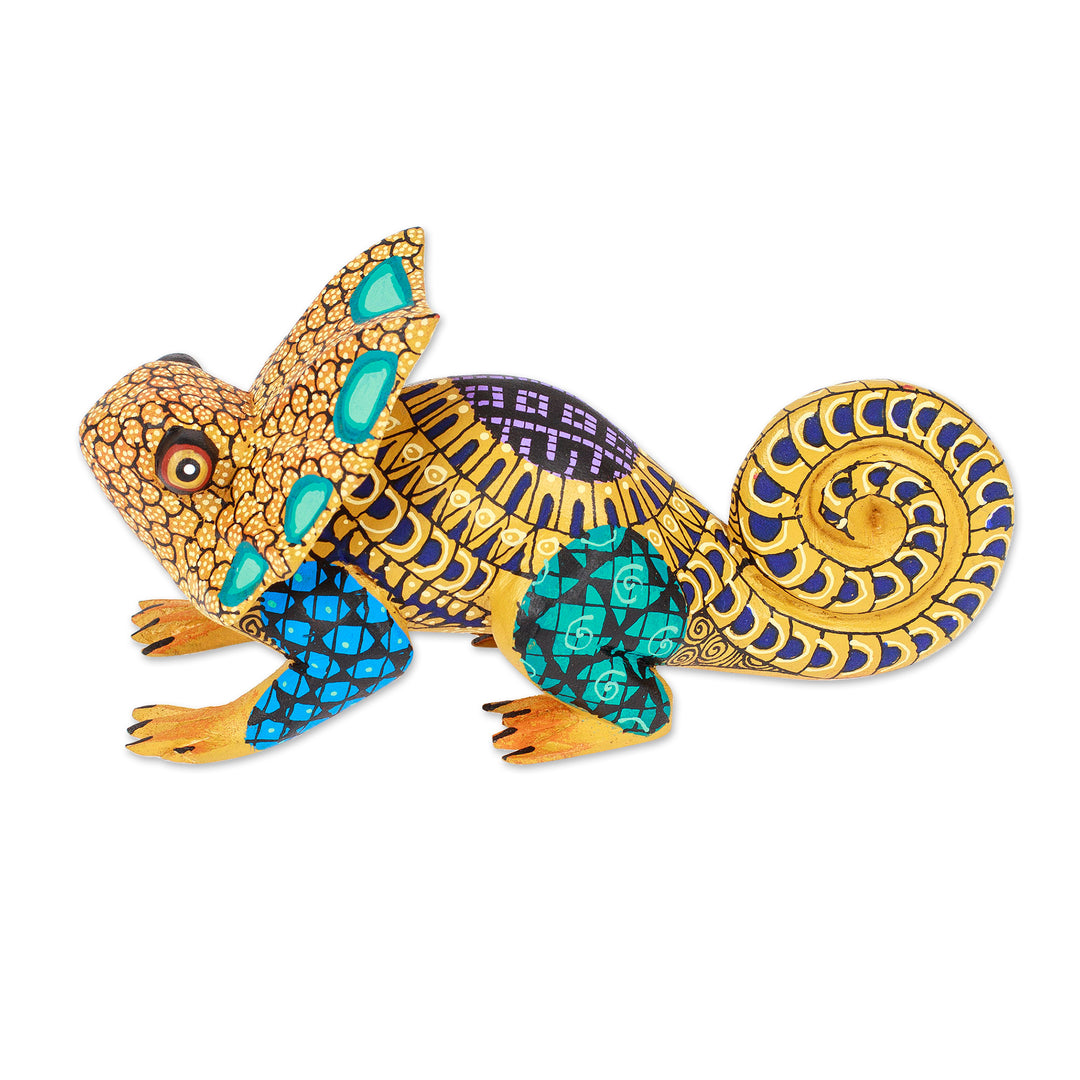 Hand-Painted Honey Copal Wood Chameleon Alebrije Figurine - Chameleonic Honey