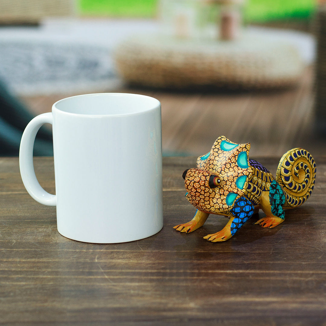 Hand-Painted Honey Copal Wood Chameleon Alebrije Figurine - Chameleonic Honey