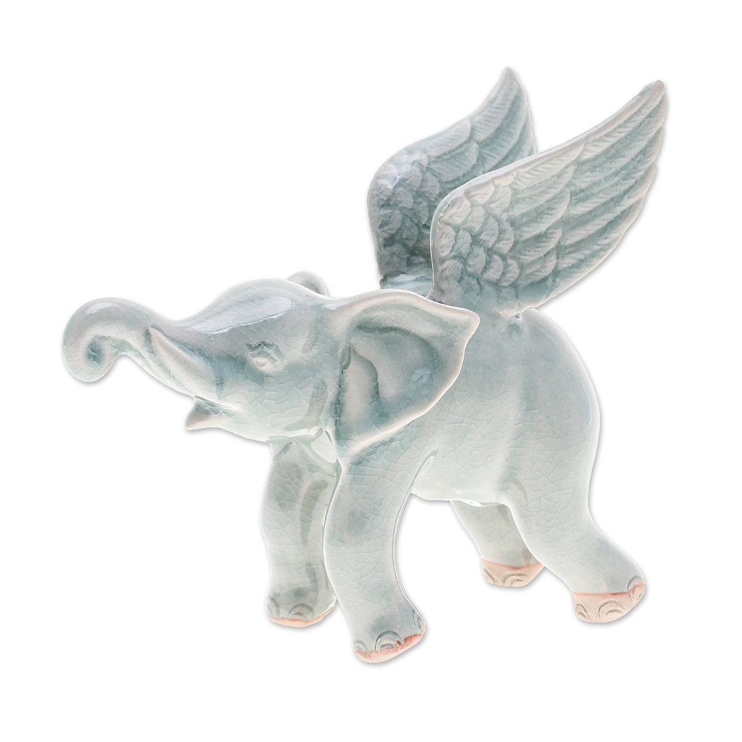 Crackled-Finished Celadon Ceramic Winged Elephant Figurine - Winged Sage