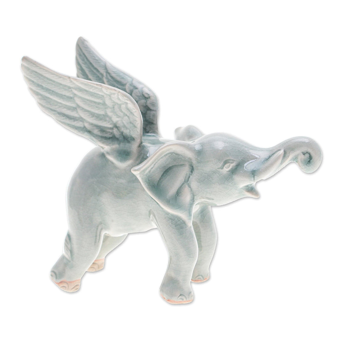 Crackled-Finished Celadon Ceramic Winged Elephant Figurine - Winged Sage