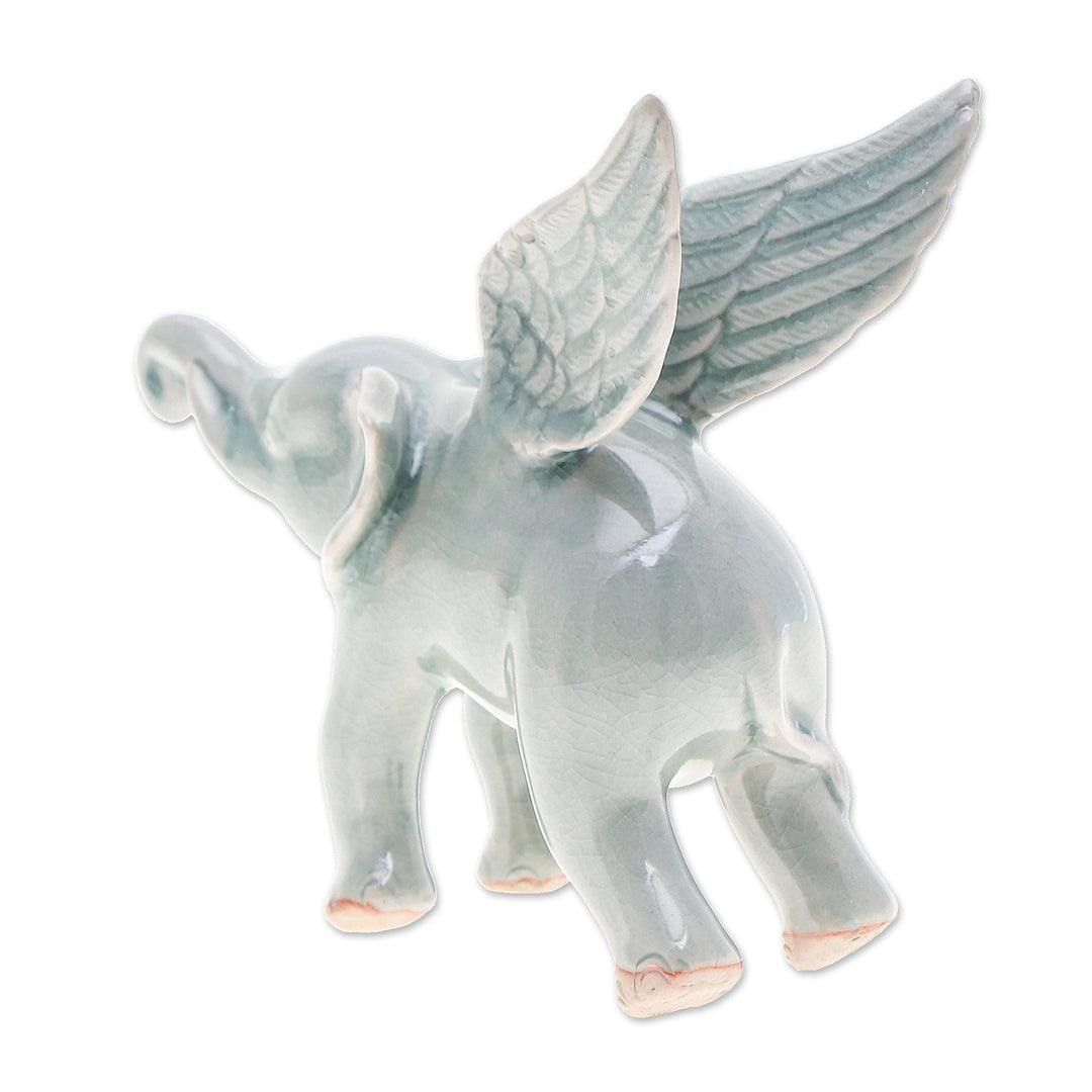 Crackled-Finished Celadon Ceramic Winged Elephant Figurine - Winged Sage