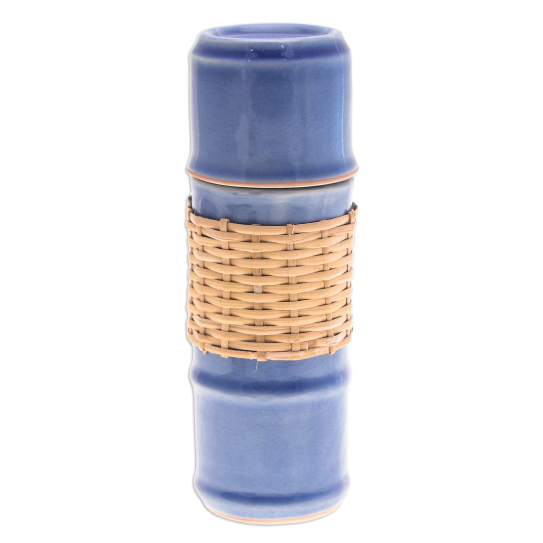 Blue Celadon Ceramic and Rattan Bamboo-Themed Water Bottle - Blue Bamboo