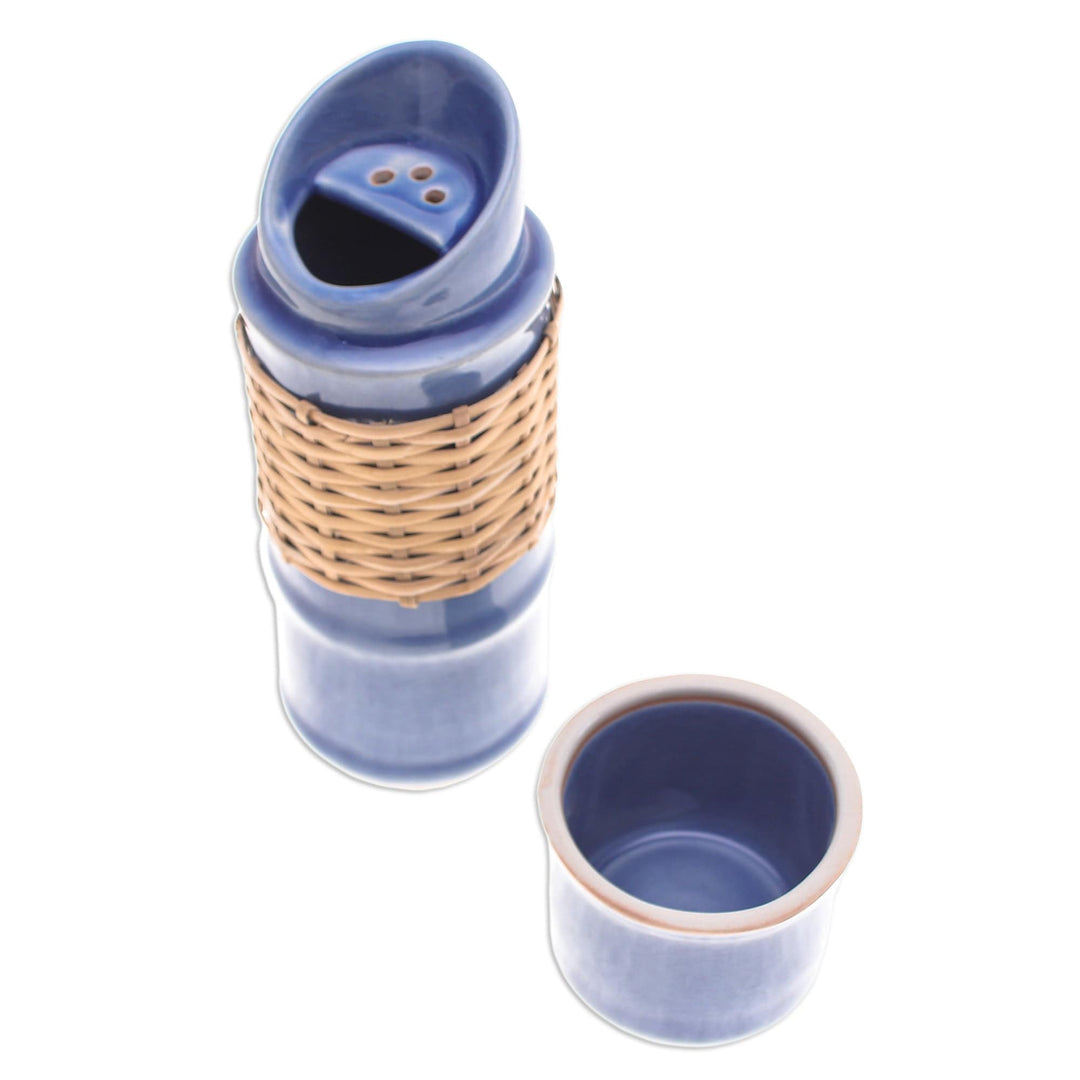 Blue Celadon Ceramic and Rattan Bamboo-Themed Water Bottle - Blue Bamboo