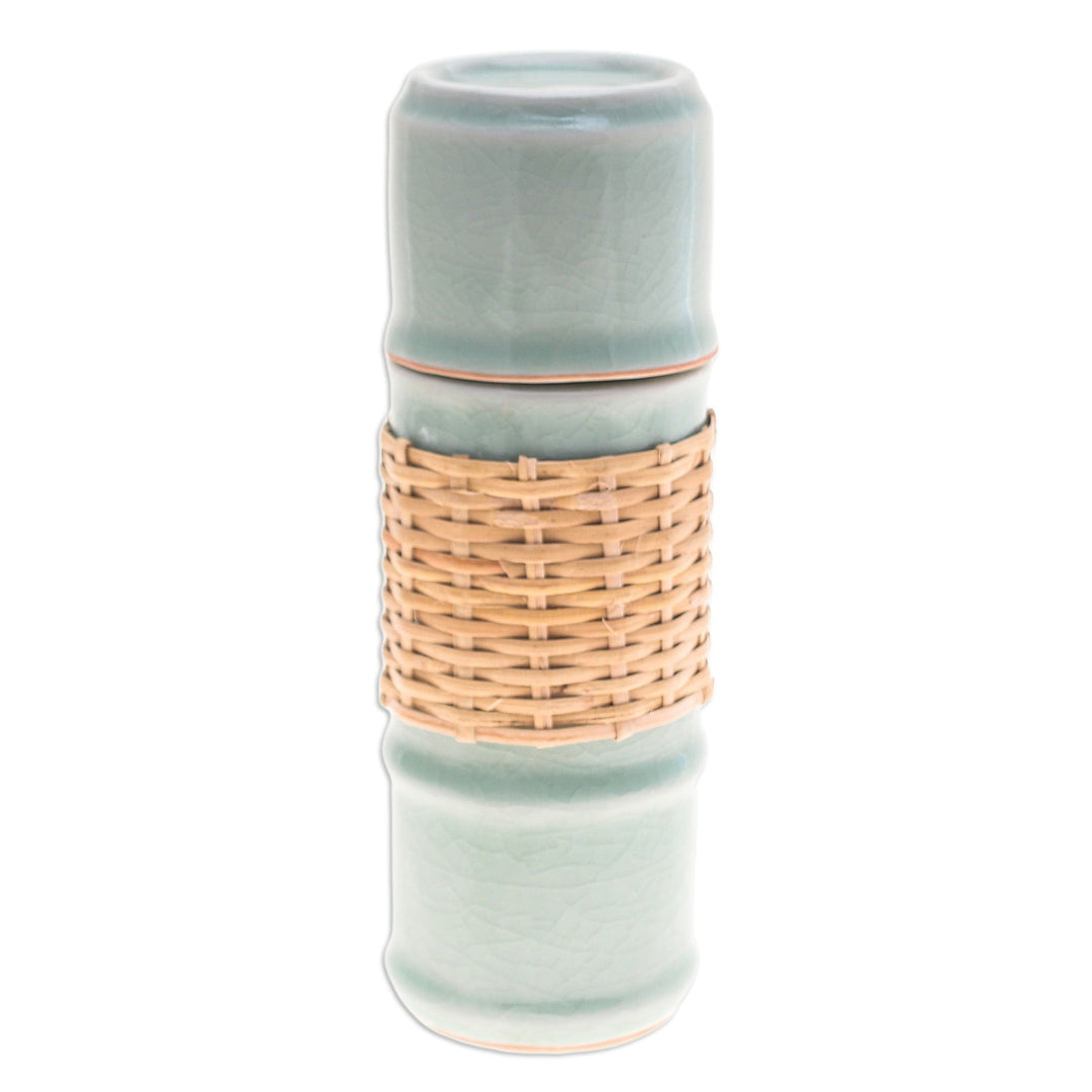 Green Celadon Ceramic and Rattan Bamboo-Themed Water Bottle - Green Bamboo