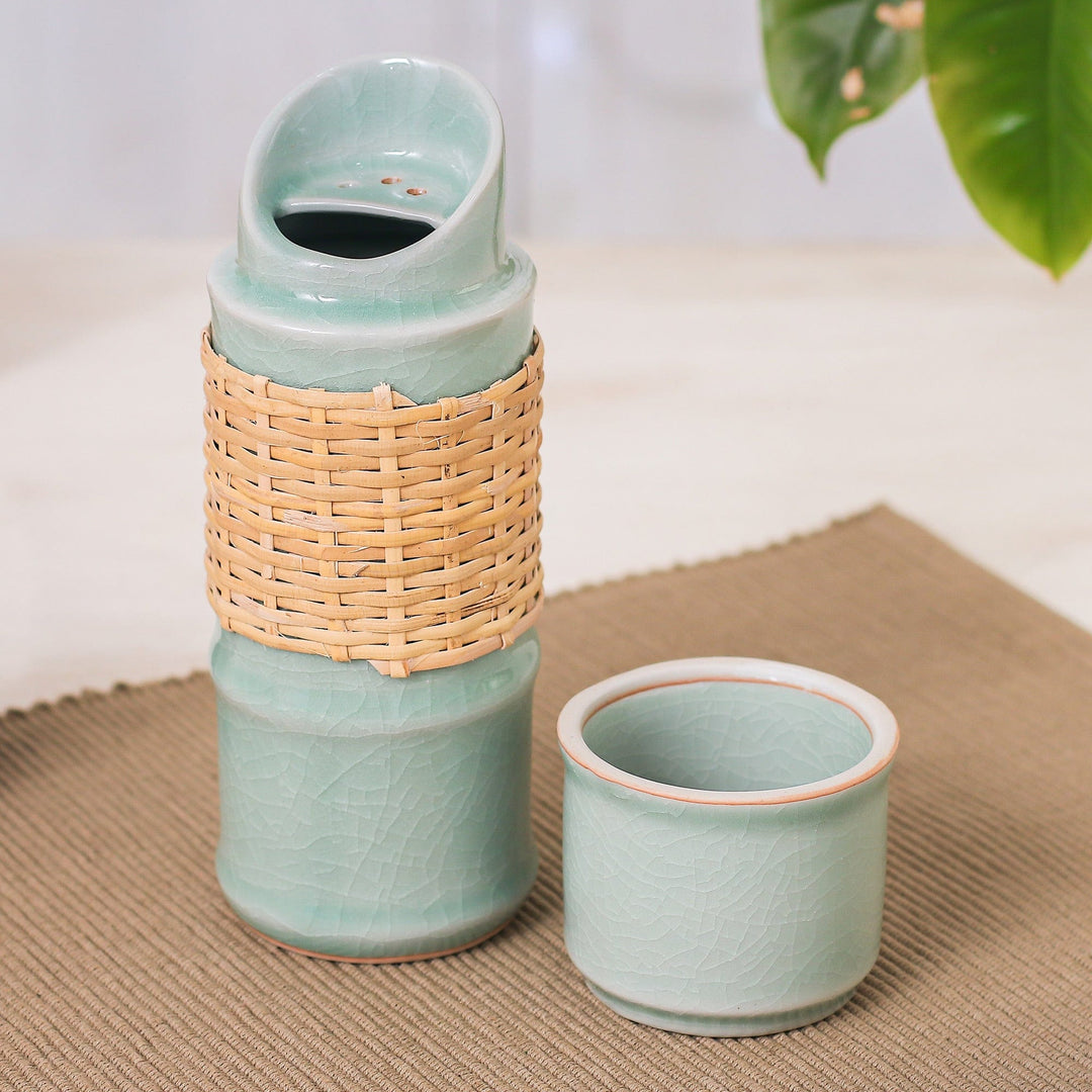 Green Celadon Ceramic and Rattan Bamboo-Themed Water Bottle - Green Bamboo