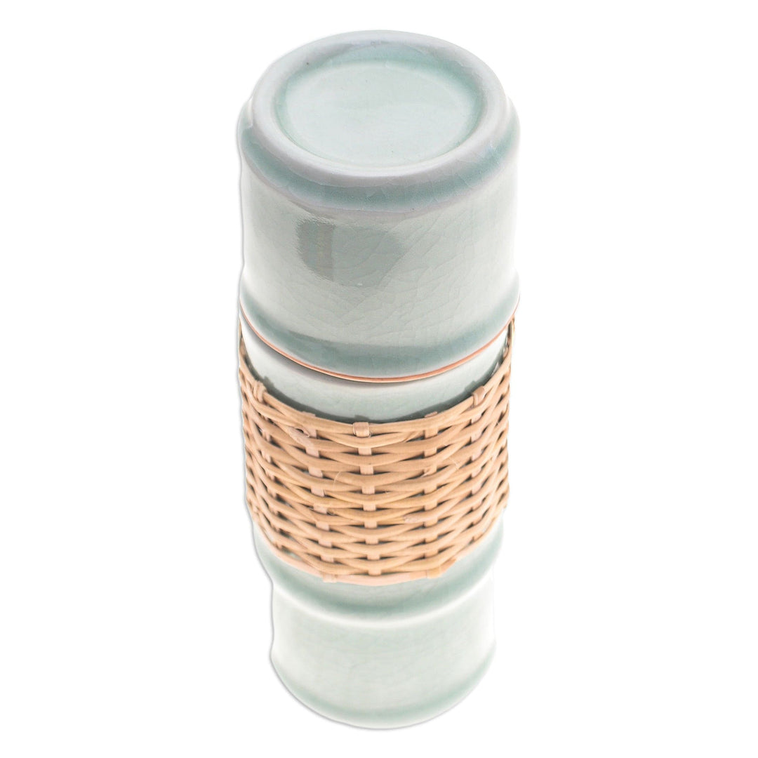 Green Celadon Ceramic and Rattan Bamboo-Themed Water Bottle - Green Bamboo