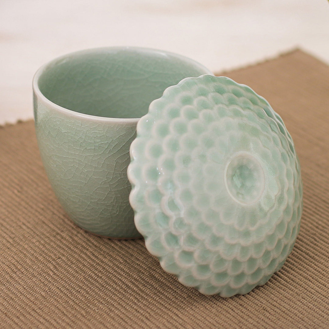 Green Handmade Celadon Ceramic Sunflower Themed Salsa Bowl - Sunflower in Green