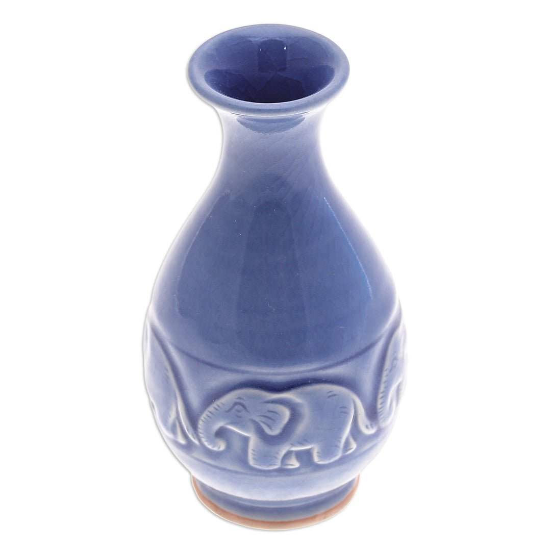 Celadon Ceramic Elephant Vase in Blue Handmade in Thailand - Joyful Elephants