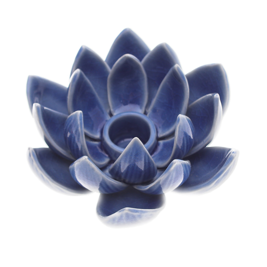 Blue Celadon Ceramic Candle Holder with Lotus Flower Motif - Lotus Splendor in Blue