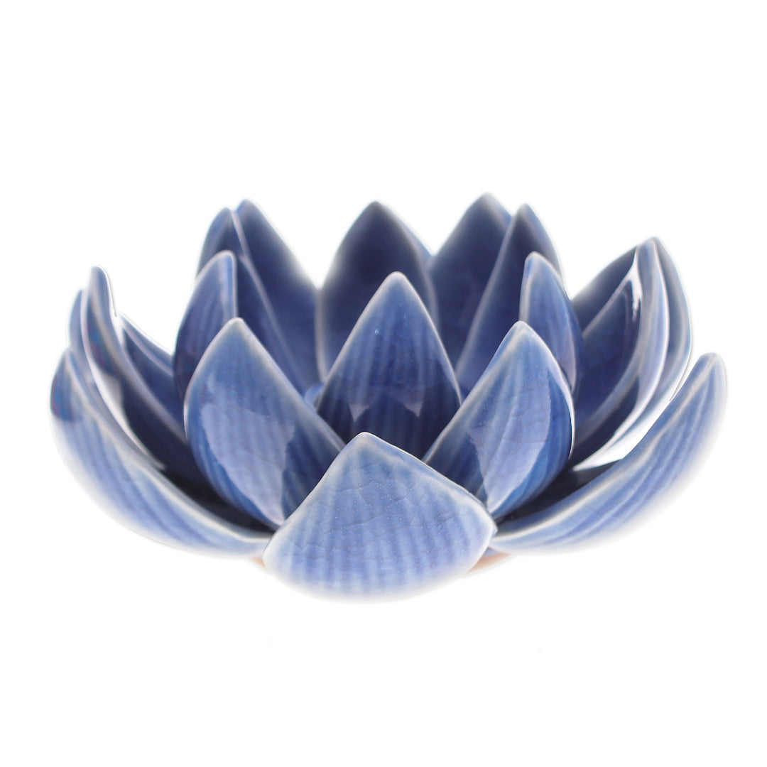 Blue Celadon Ceramic Candle Holder with Lotus Flower Motif - Lotus Splendor in Blue