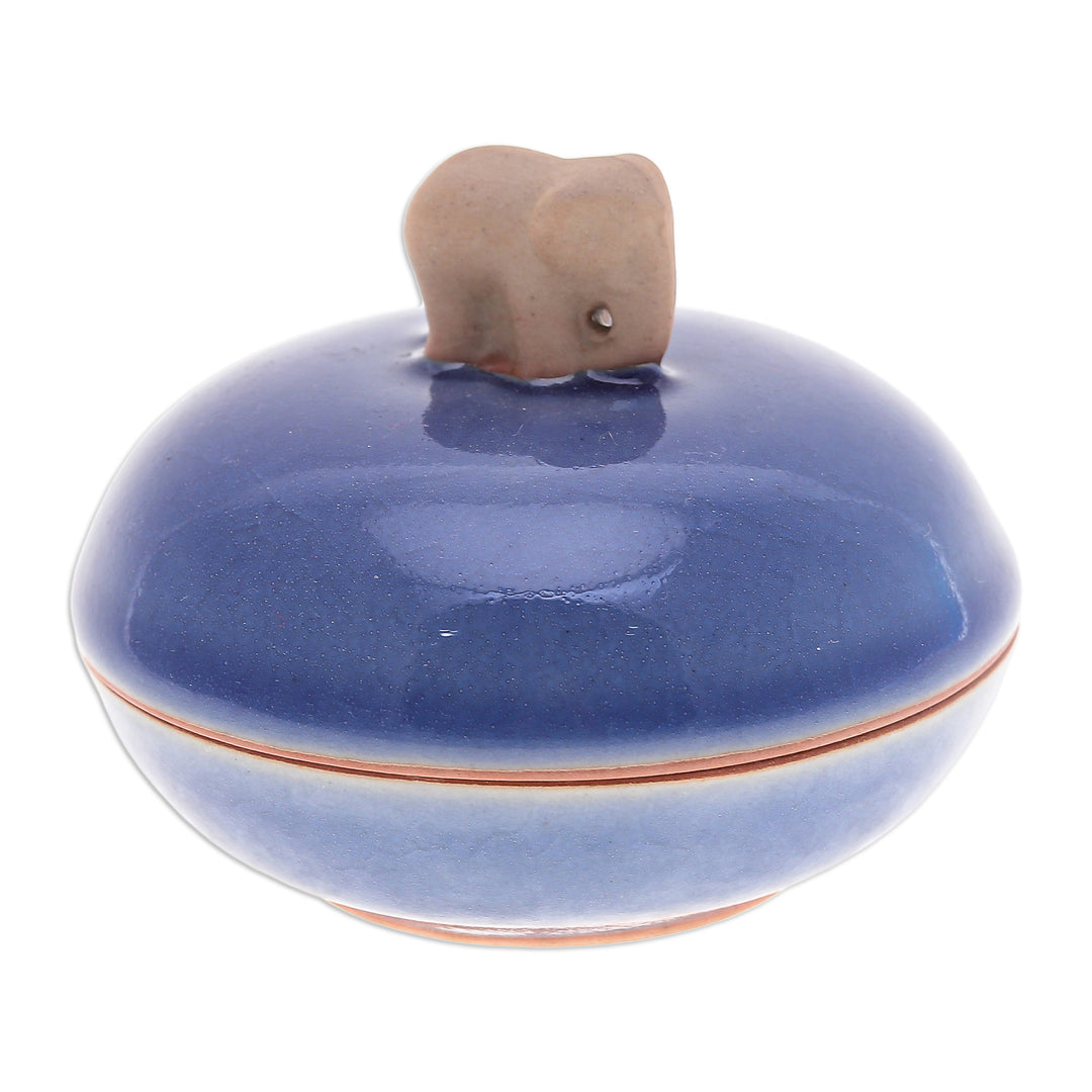 Blue Handmade Celadon Ceramic Elephant-Themed Decorative Jar - Elephant Radiance