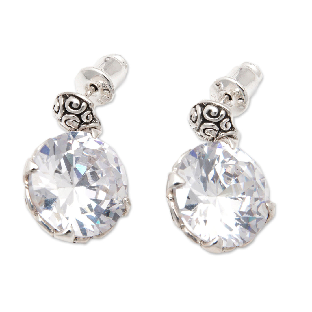 Sterling Silver Button Earrings with Cubic Zirconia - White Mystique