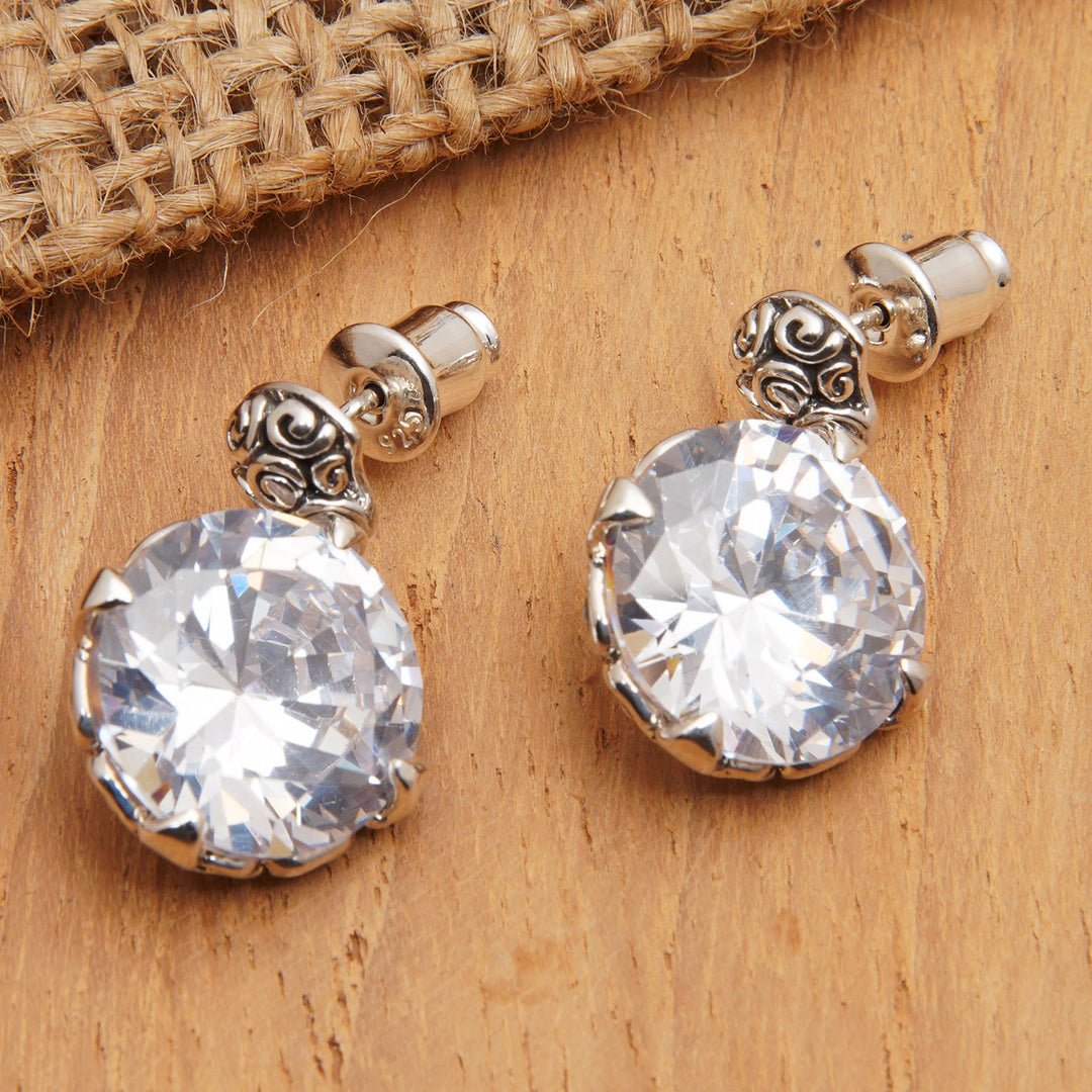 Sterling Silver Button Earrings with Cubic Zirconia - White Mystique