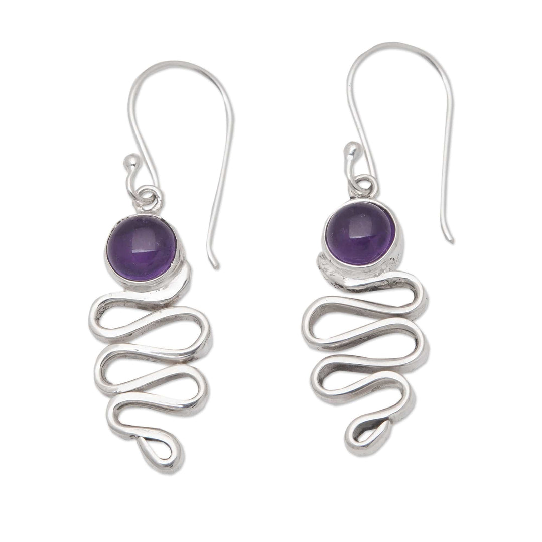 Polished Sterling Silver and Amethyst Dangle Earrings - Zigzag Wisdom