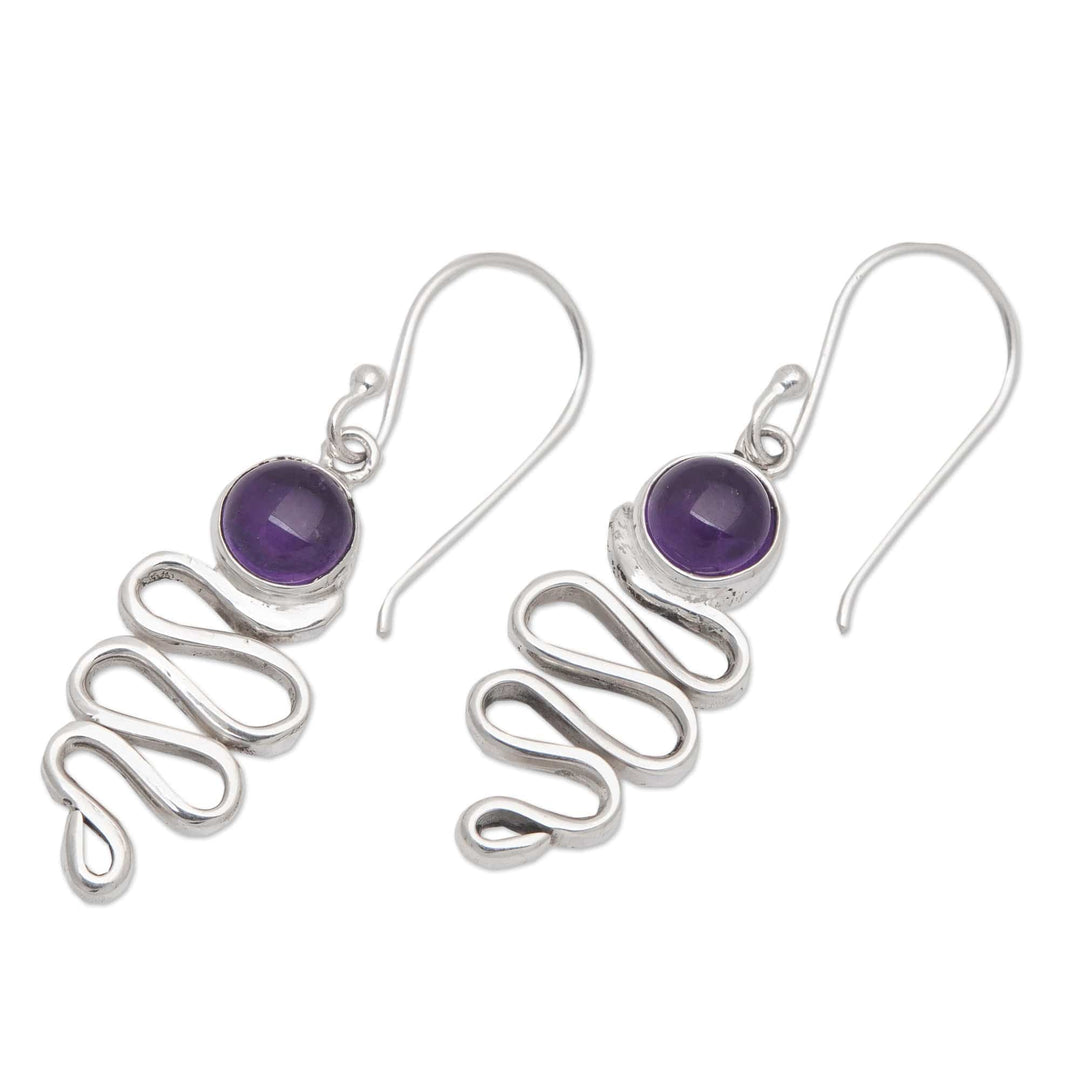 Polished Sterling Silver and Amethyst Dangle Earrings - Zigzag Wisdom
