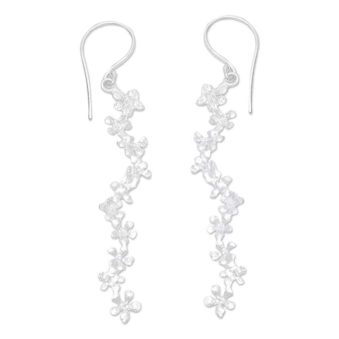 Brushed-Satin Finish Floral Sterling Silver Dangle Earrings - Holy Spring