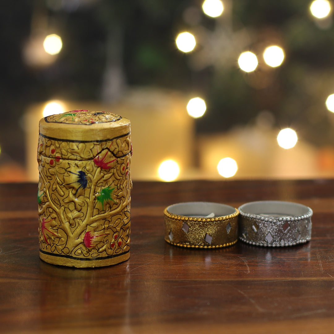 Handcrafted Golden-Toned Leafy Papier Mache Toothpick Holder - Golden Valley