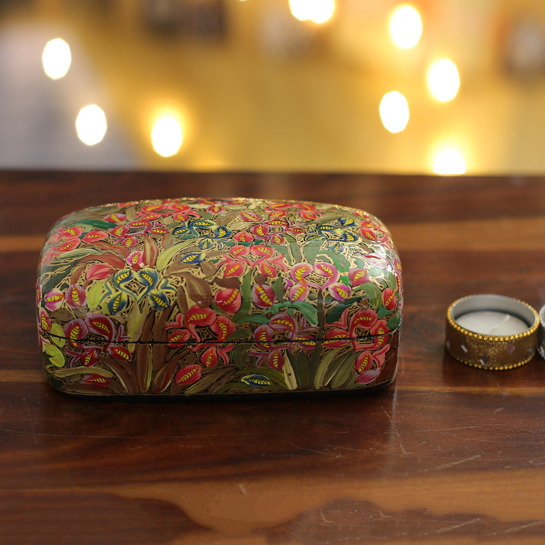 Hand-Painted Wood Papier Mache Floral & Leaf Decorative Box - Floral Glam