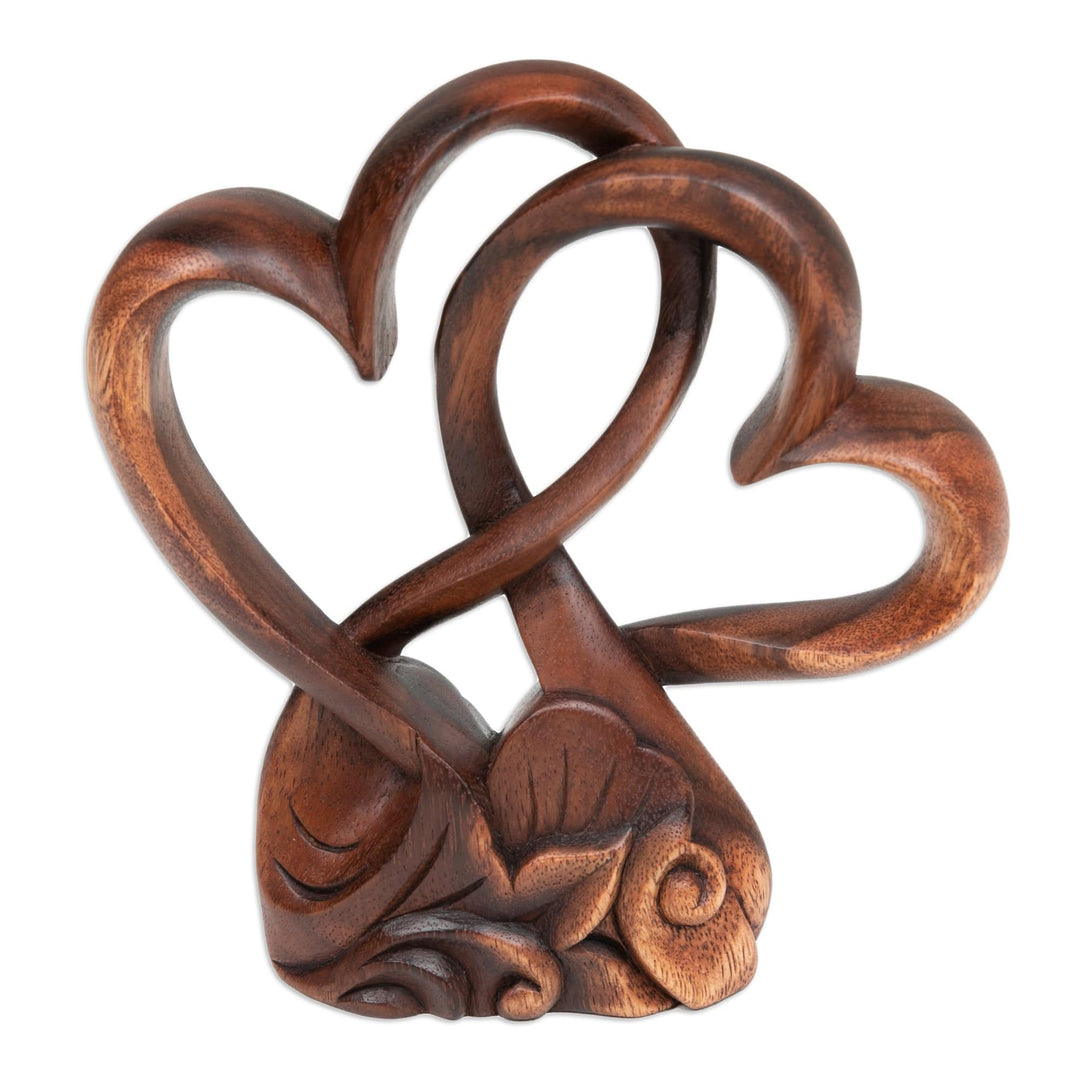 Handmade Heart-Themed Floral and Leafy Suar Wood Sculpture - Beloved Heart