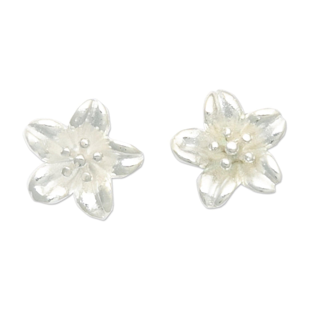 High-Polished Floral Sterling Silver Button Earrings - Winter Frangipani