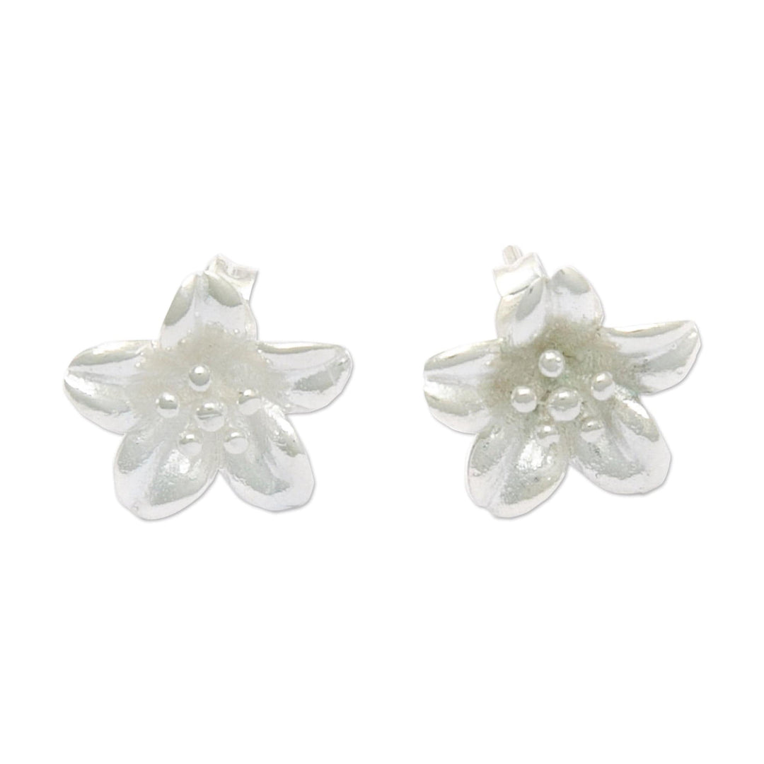 High-Polished Floral Sterling Silver Button Earrings - Winter Frangipani