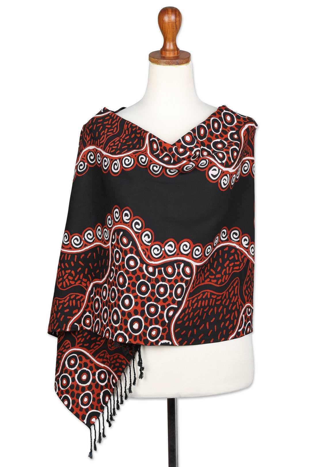 Fringed Batik Rayon Scarf in Orange & Black Handmade in Java - Wonderful Java