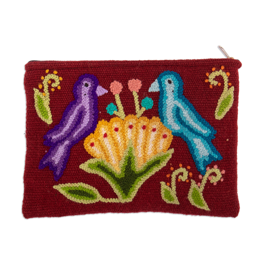 Bird and Flower-Themed Burgundy Wool Cosmetic Bag - Burgundy Nature
