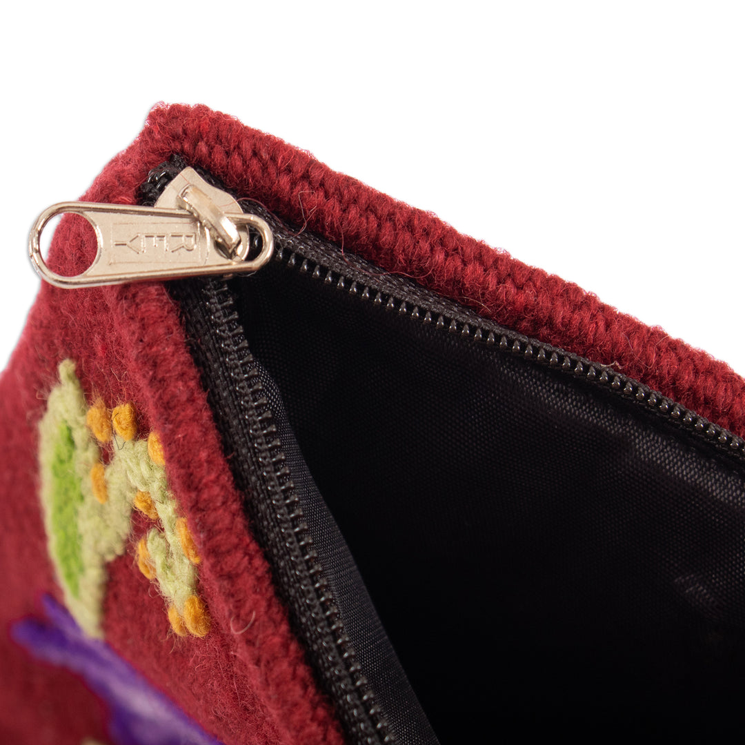 Bird and Flower-Themed Burgundy Wool Cosmetic Bag - Burgundy Nature