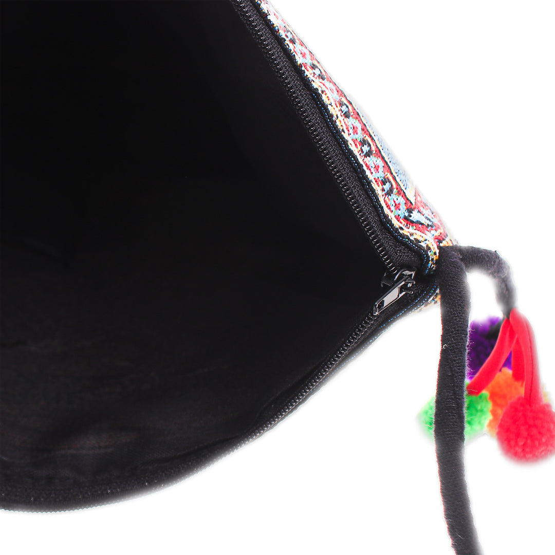 Cotton Blend Elephant-Themed Sling Bag in Blue with Pompoms - Elephant Allure