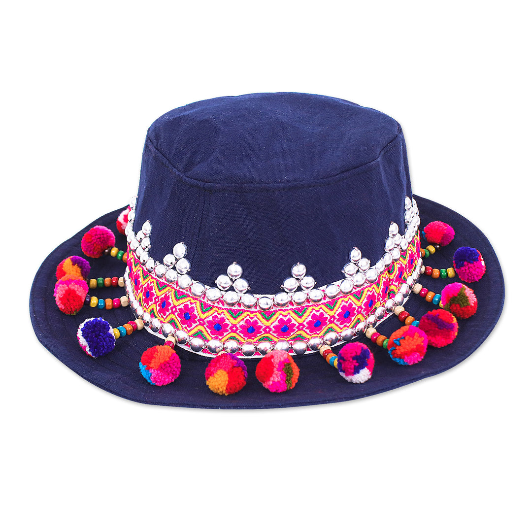 Hill Tribe-Themed Floral Embellished Navy Cotton Hat - Blue Hills