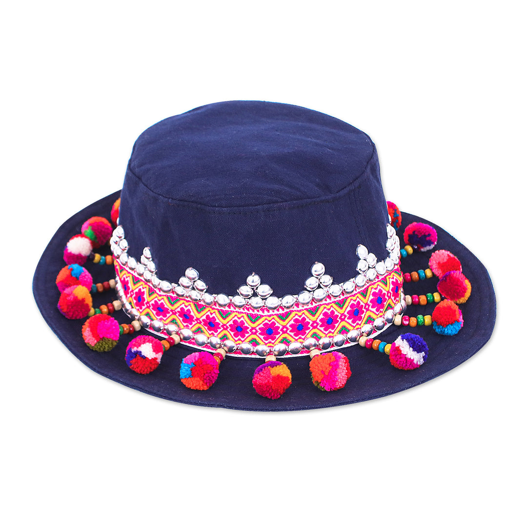 Hill Tribe-Themed Floral Embellished Navy Cotton Hat - Blue Hills
