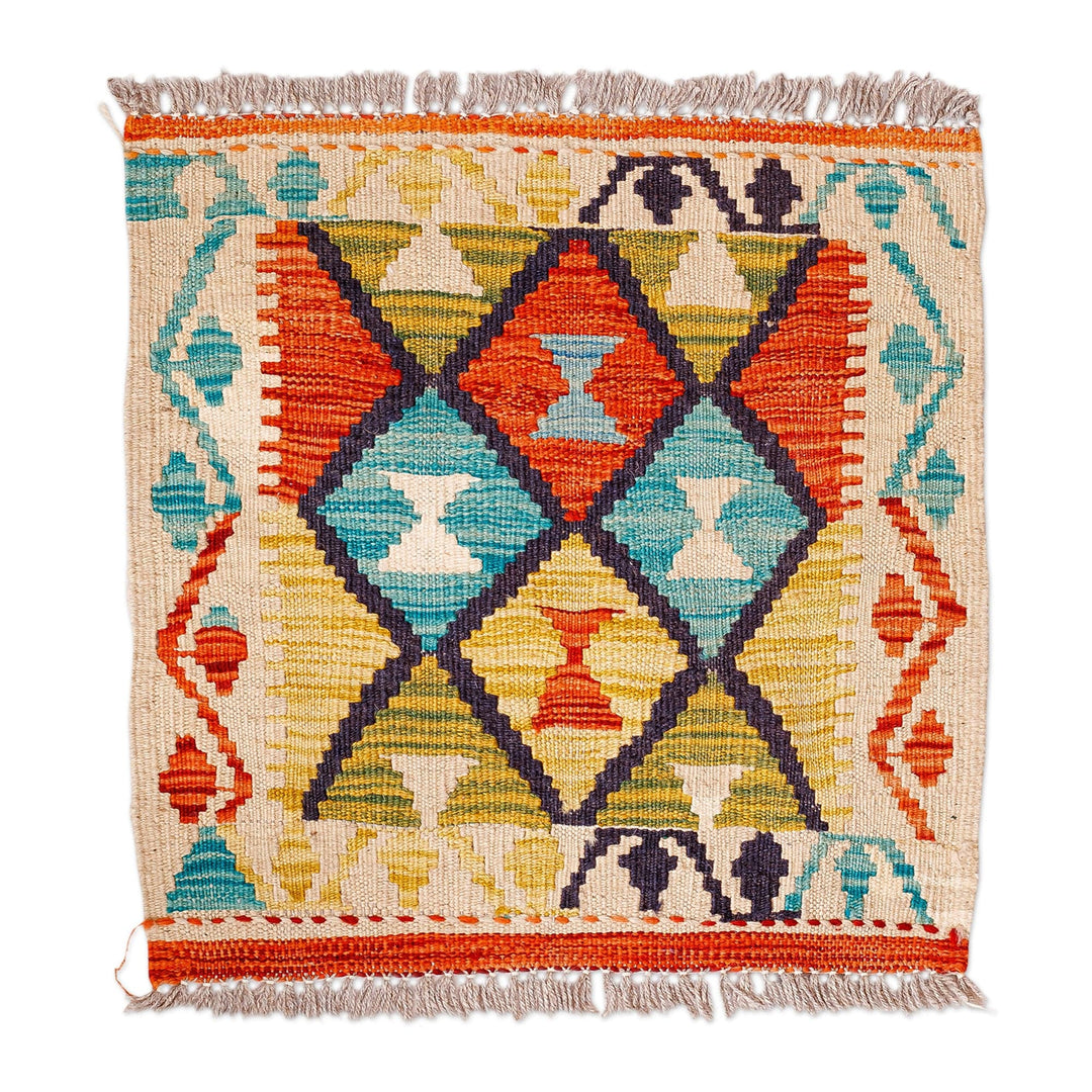 1.5x1.5 Uzbek Hand-Knotted Rhombus-Themed Wool Area Rug - Delightful Flair