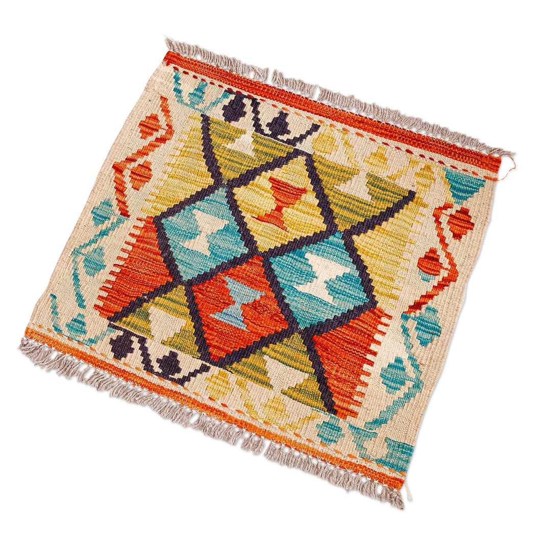 1.5x1.5 Uzbek Hand-Knotted Rhombus-Themed Wool Area Rug - Delightful Flair
