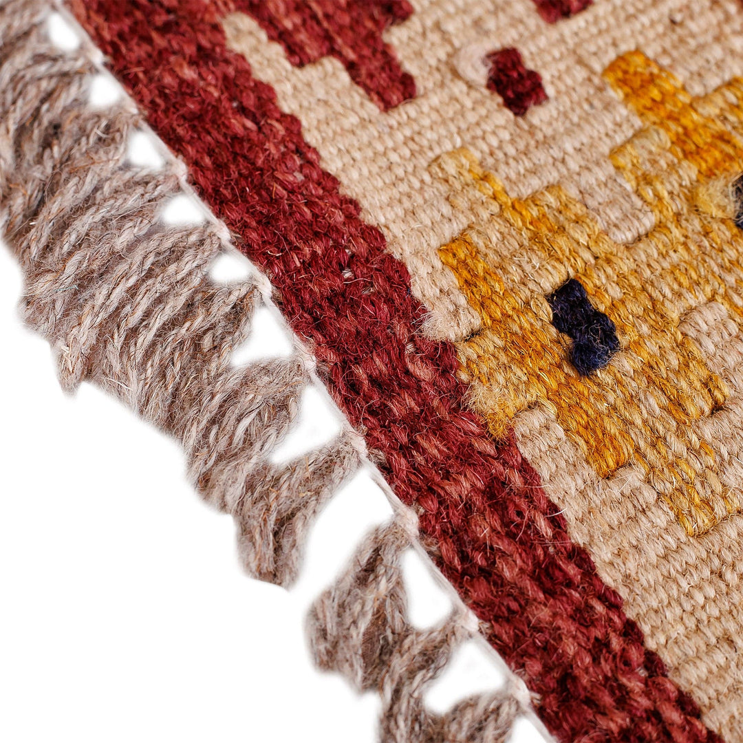 1.5x1.5 Fringed Wool Area Rug Hand-Knotted in Uzbekistan - Trendy Style