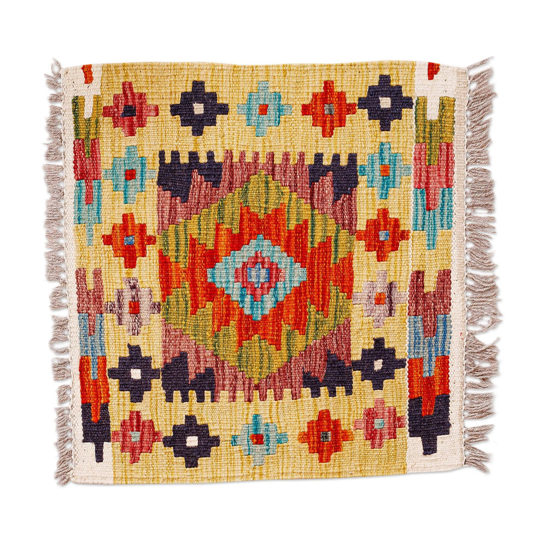 1.5x1.5 Uzbek Hand-Knotted Geometric Fringed Wool Area Rug - Sublime Patterns