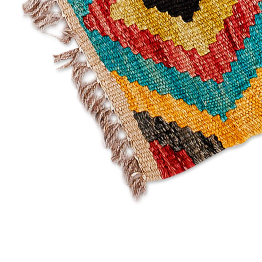 1.5x1.5 Hand-Knotted Rhombus-Themed Fringed Wool Area Rug - Geometric Splendor