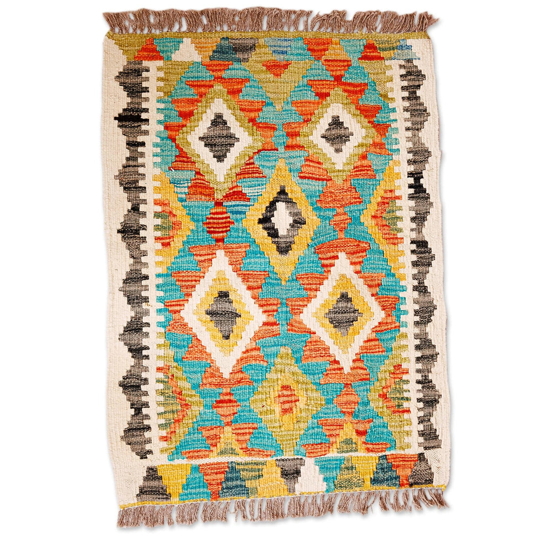 Uzbek Hand-Knotted Geometric-Themed Wool Area Rug (2x2.5) - Modern Patterns