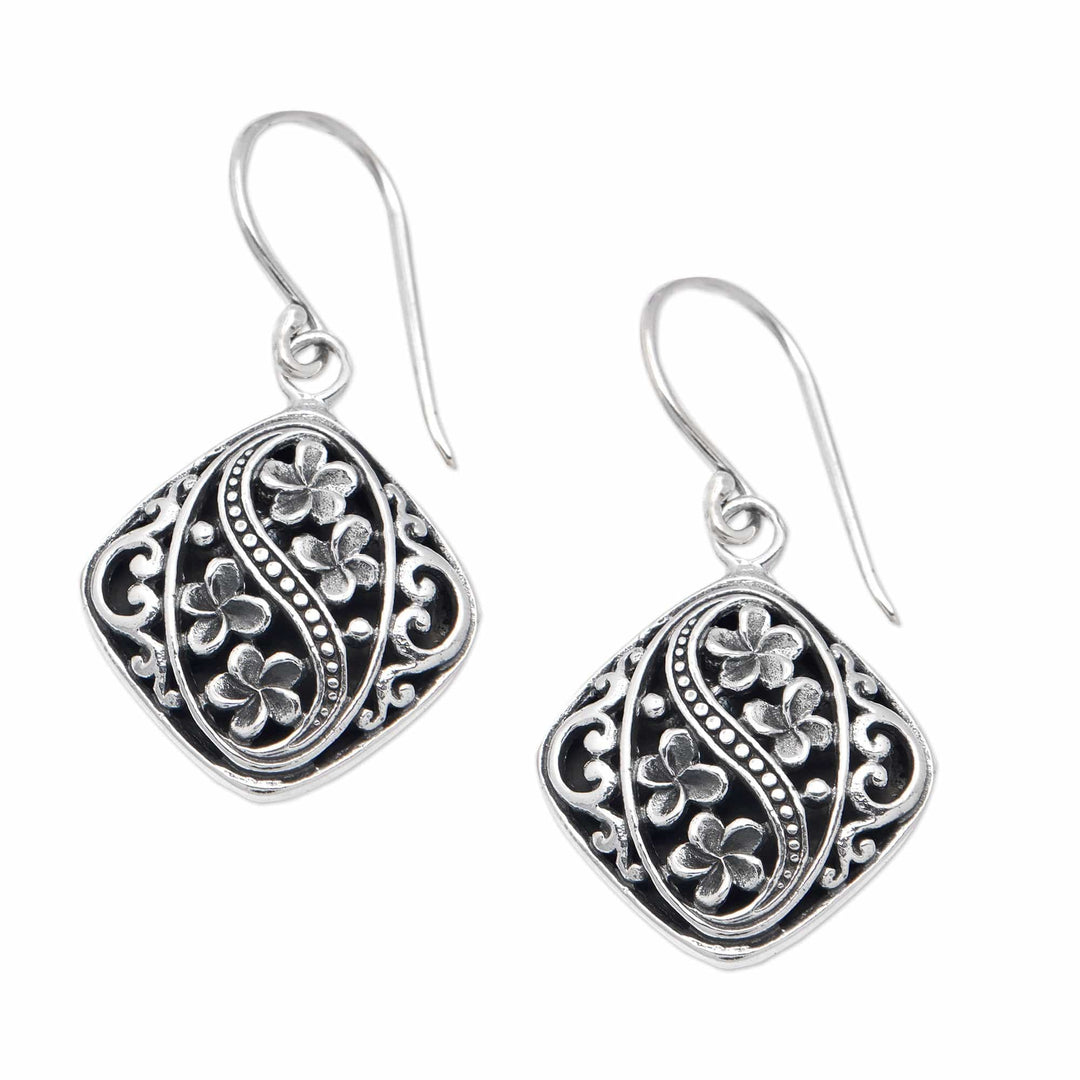 Diamond-Shaped Traditional Floral Dangle Earrings from Bali - Frangipani Spirits