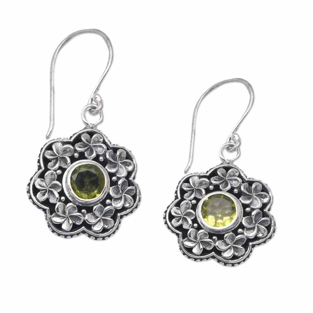 Floral Sterling Silver Dangle Earrings with Peridot Jewels - Offerings to Fortune