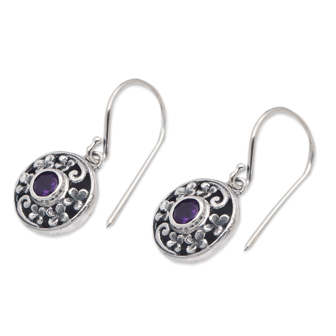 Floral Round Faceted Amethyst Dangle Earrings from Bali - Wisdom Fragrances