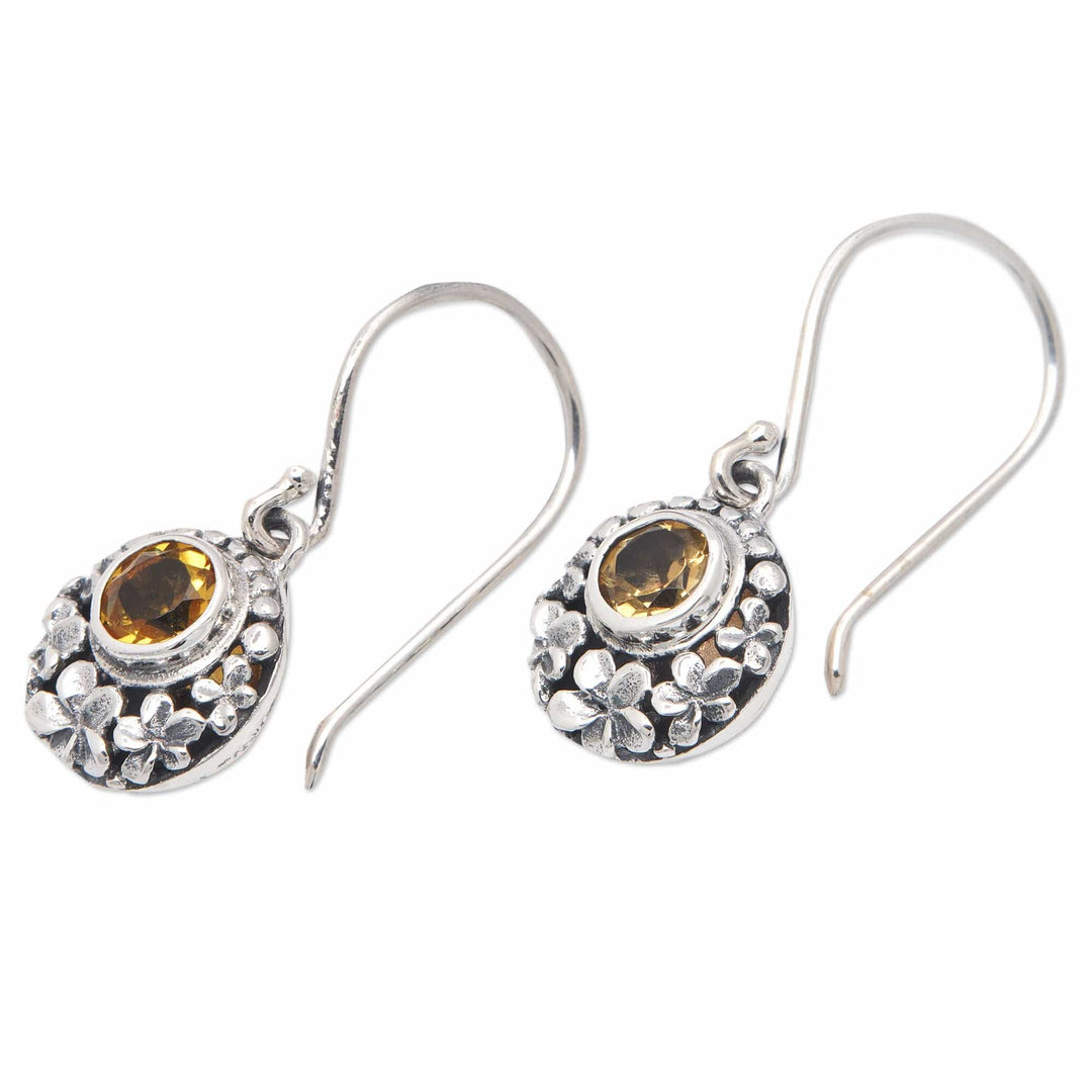 Classic Floral Dangle Earrings with Faceted Citrine Gems - Sunny Frangipani