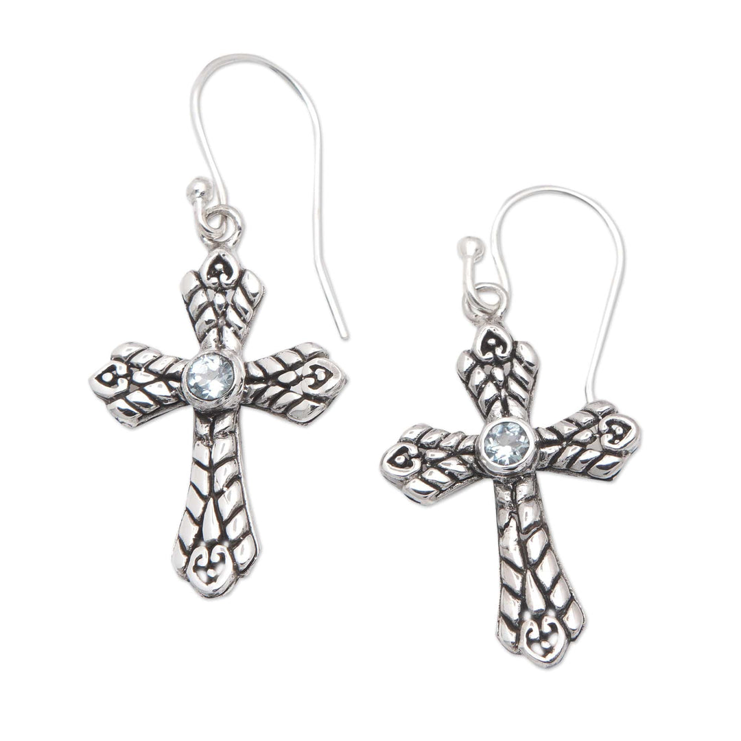 Cross-Shaped Sterling Silver Blue Topaz Dangle Earrings - Ocean Cross