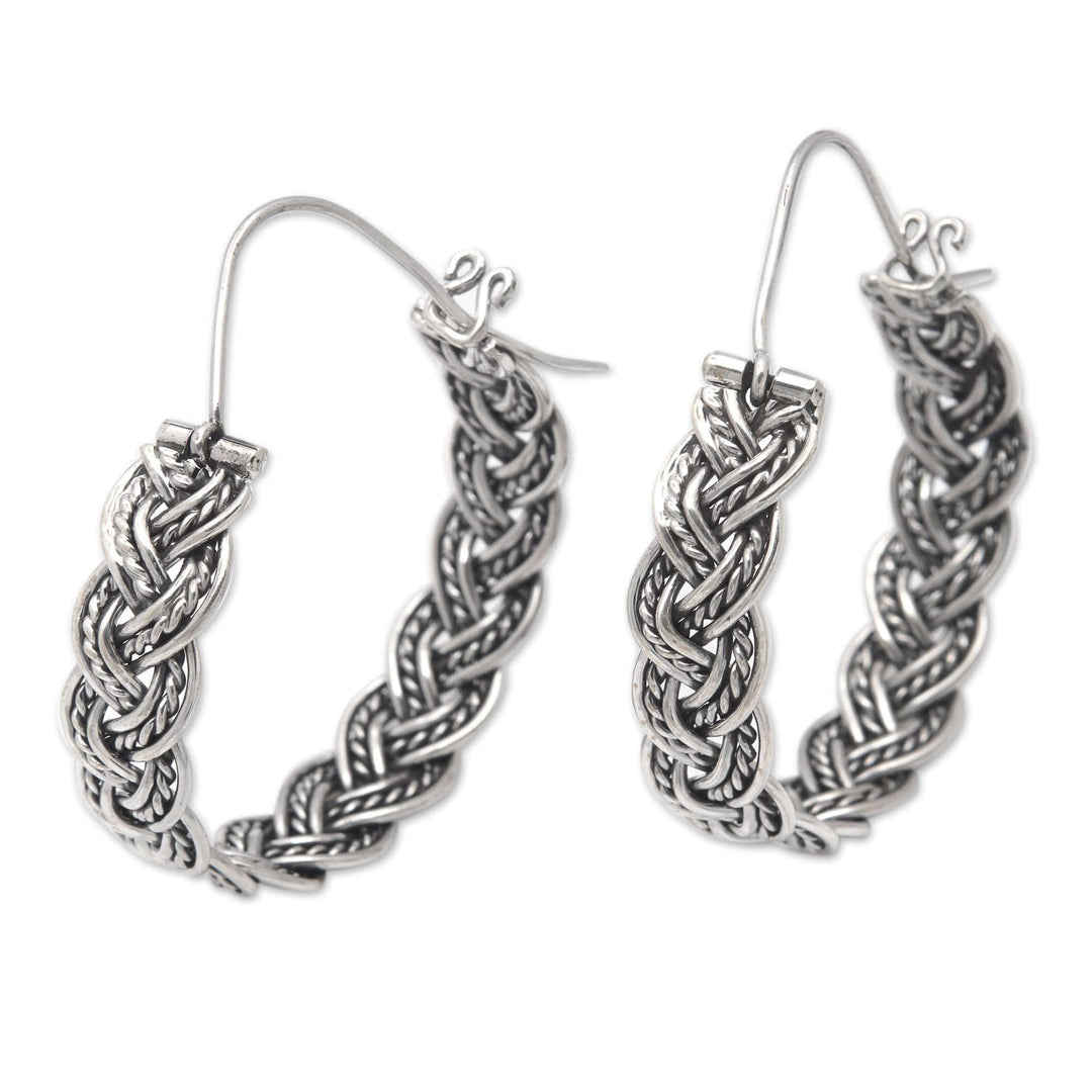 Balinese Sterling Silver Hoop Earrings with Braided Style - Braided Flair