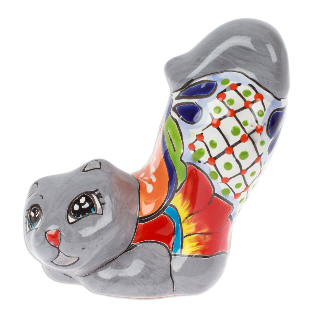 Handcrafted Hacienda-Themed Grey Ceramic Cat Figurine - Feline Stretching